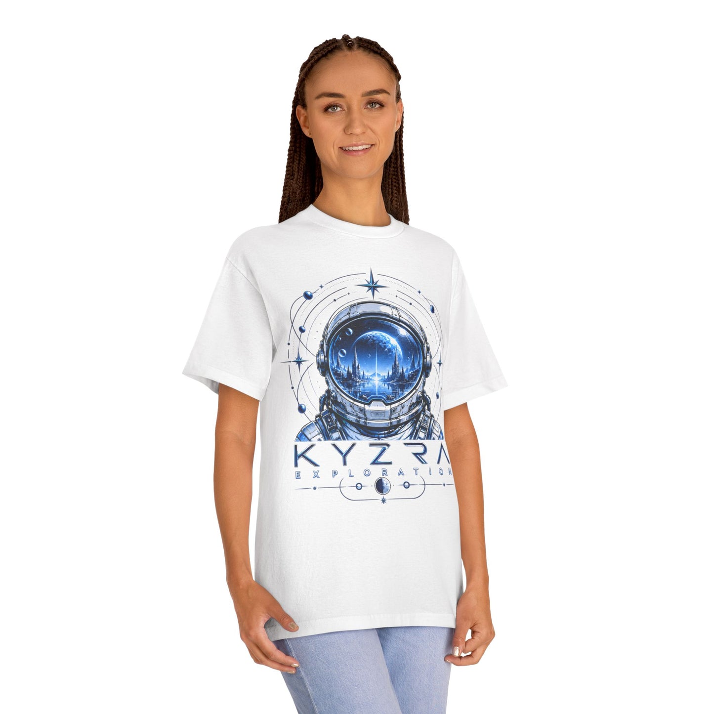 Astronaut Helmet Tee — "Kyzra Exploration" Sci‑Fi Graphic T‑Shirt